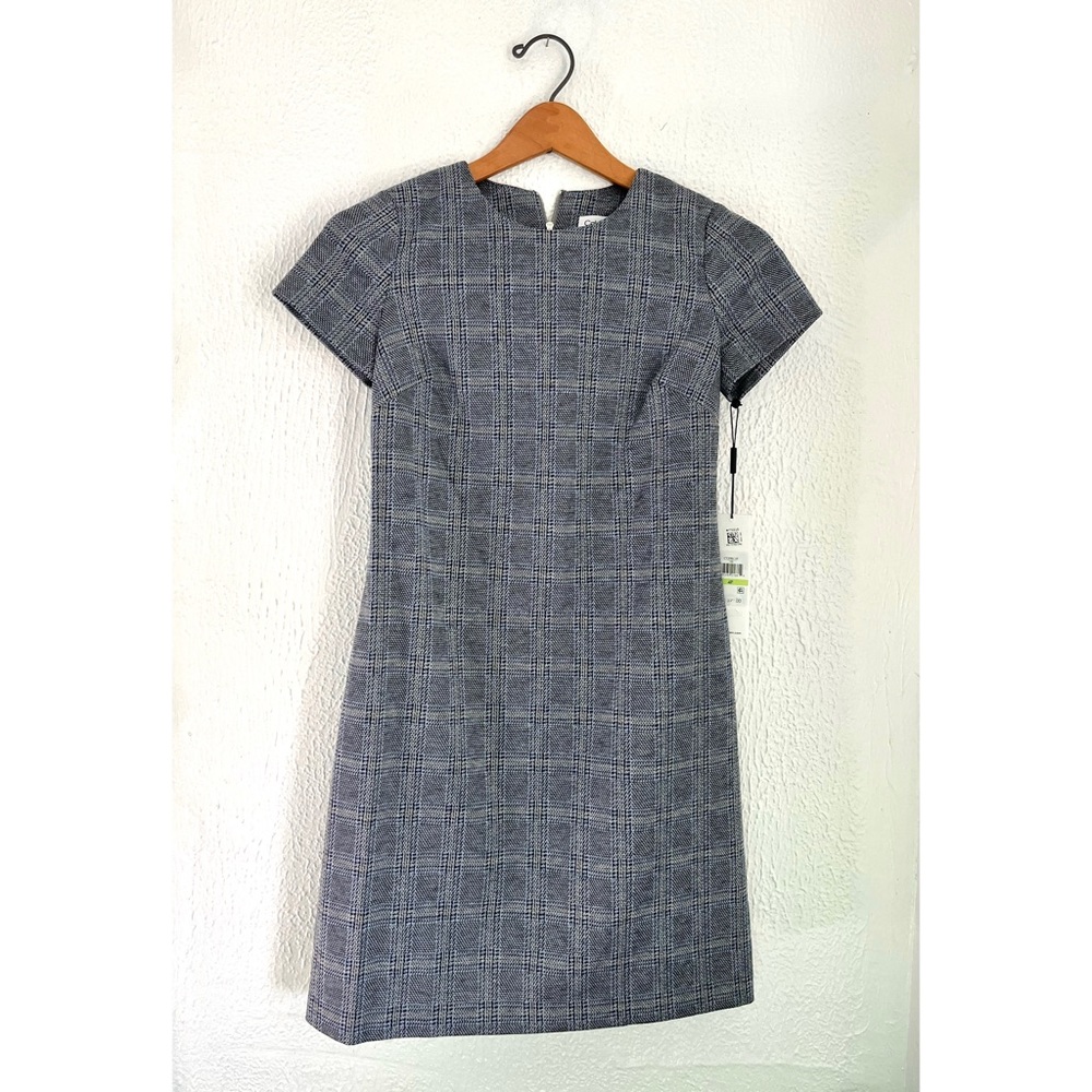 NEW Calvin Klein Plaid Shift Dress, Short Sleeve Back Zip, Blue Black Silver NWT